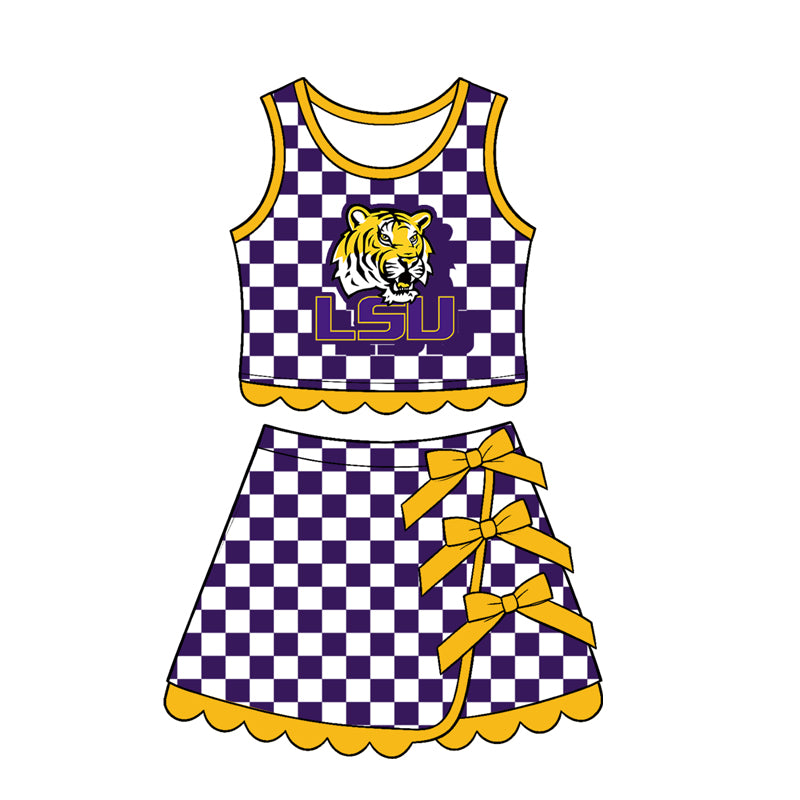 (Preorder new) No moq Baby Girls Checked Print Bow Top Scallop Hem Short Skirt Clothes Set