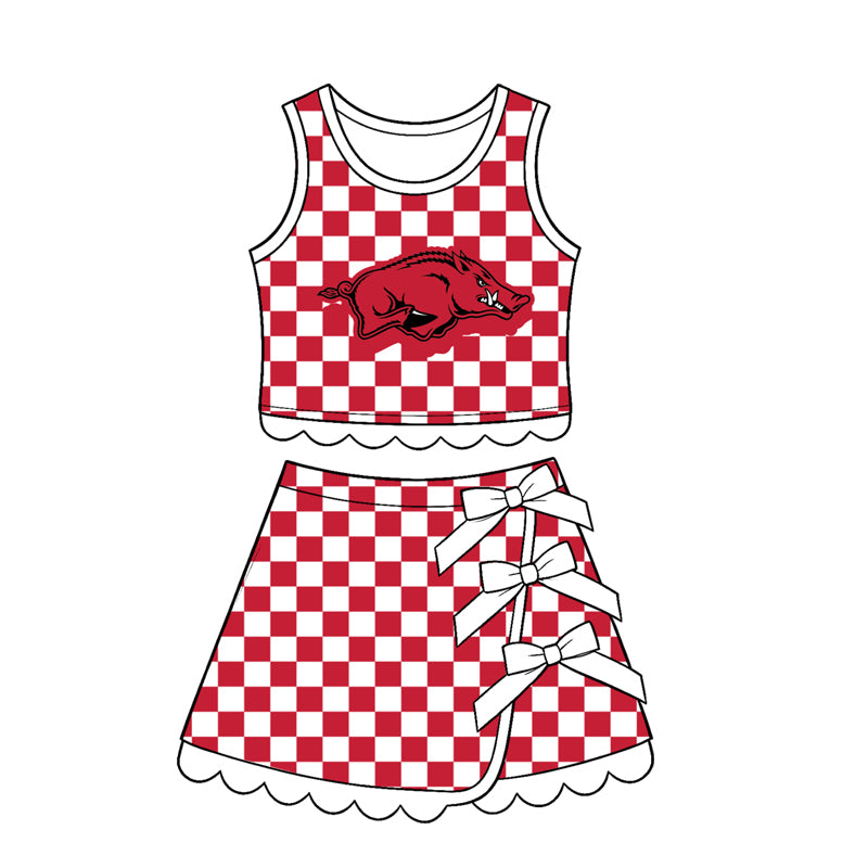(Preorder new) No moq Baby Girls Checked Print Bow Top Scallop Hem Short Skirt Clothes Set