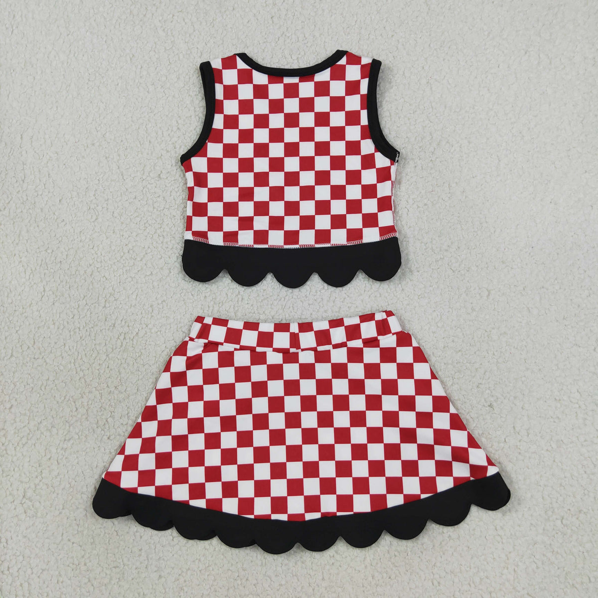 NEW RTS NO MOQq yoga fabric GSD4287 Yoga Baby Girls Checked Top Bows Skirt Short Scallop Team Set