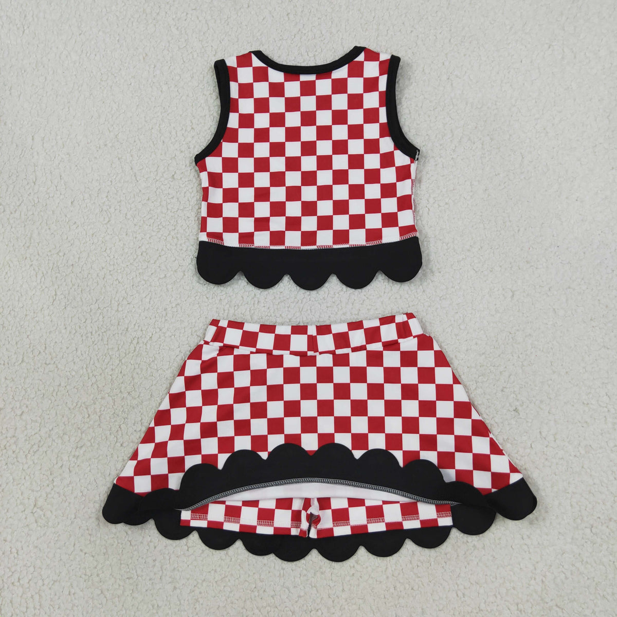 NEW RTS NO MOQq yoga fabric GSD4287 Yoga Baby Girls Checked Top Bows Skirt Short Scallop Team Set