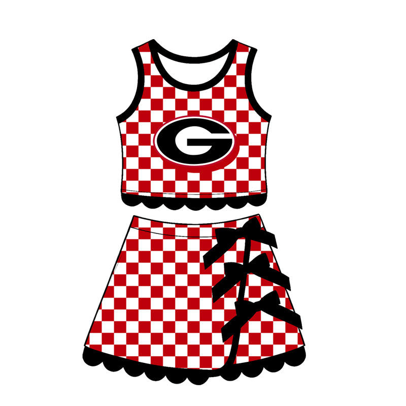 (Preorder new) No moq Baby Girls Checked Print Bow Top Scallop Hem Short Skirt Clothes Set