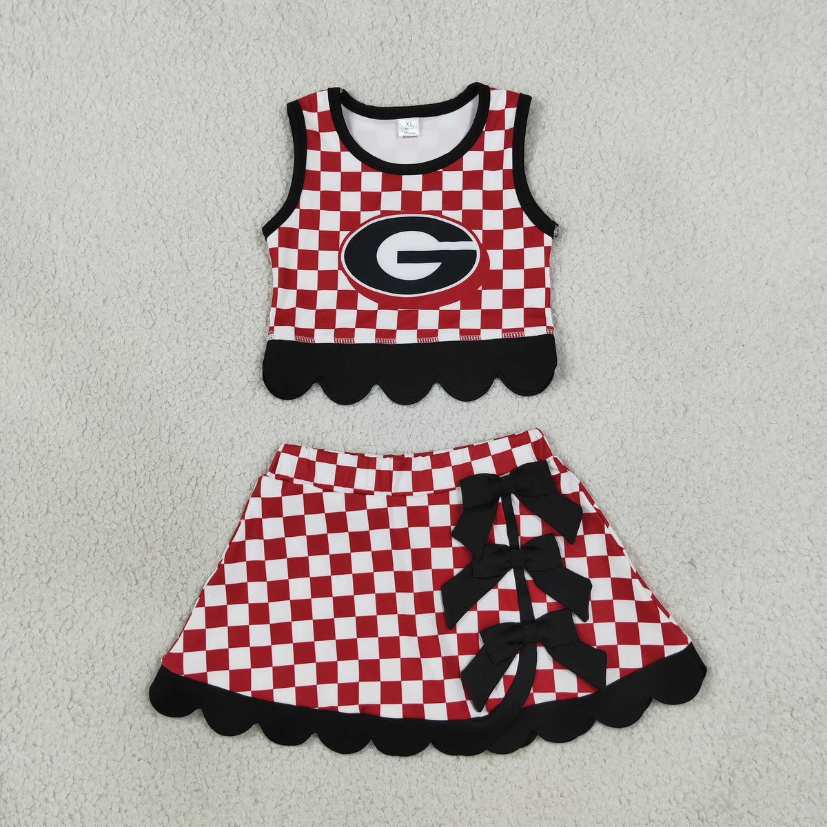 NEW RTS NO MOQq yoga fabric GSD4287 Yoga Baby Girls Checked Top Bows Skirt Short Scallop Team Set
