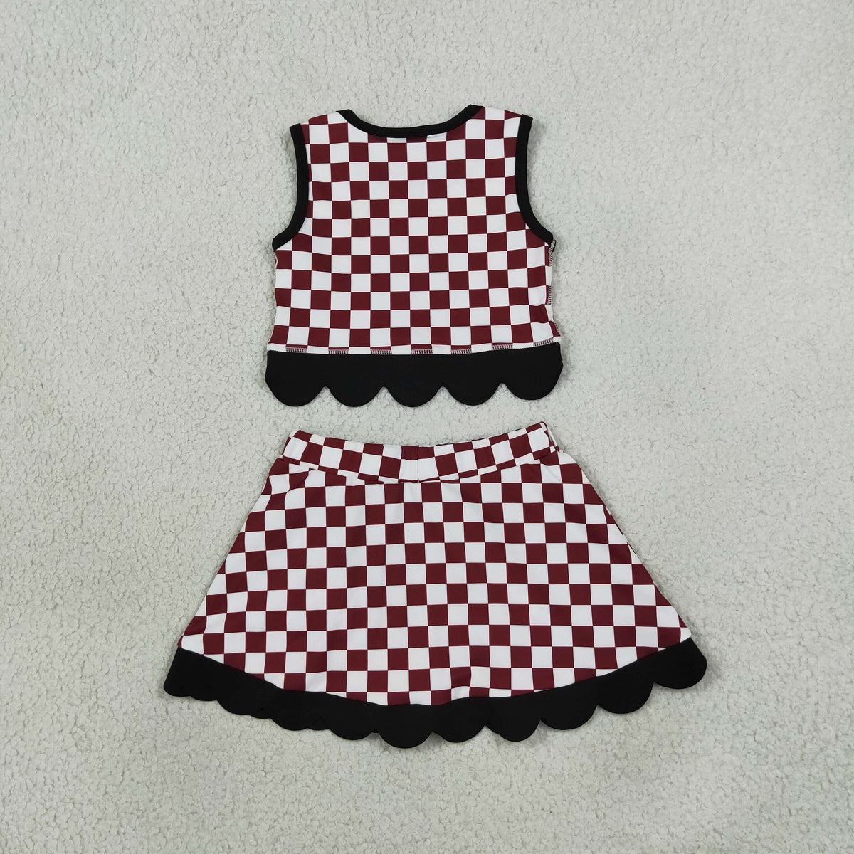 NEW RTS NO MOQq yoga fabric GSD4288 Yoga Baby Girls Maroon Checked Top Bows Skirt Short Scallop Team Set