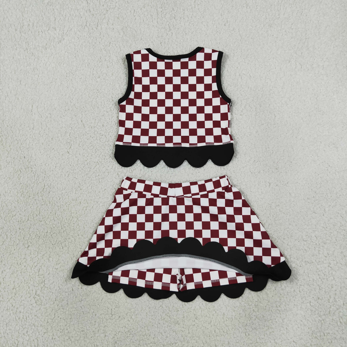 NEW RTS NO MOQq yoga fabric GSD4288 Yoga Baby Girls Maroon Checked Top Bows Skirt Short Scallop Team Set