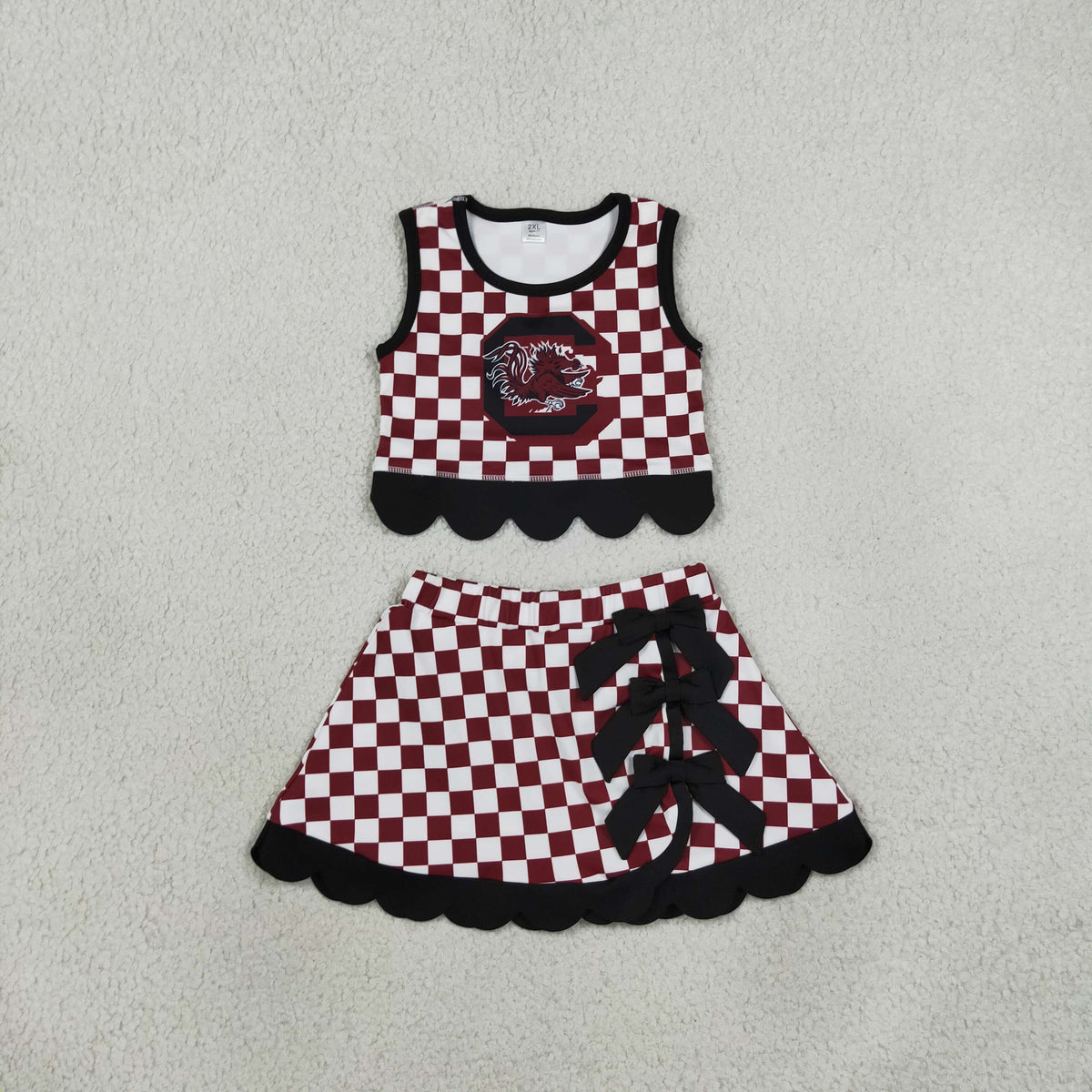 NEW RTS NO MOQq yoga fabric GSD4288 Yoga Baby Girls Maroon Checked Top Bows Skirt Short Scallop Team Set