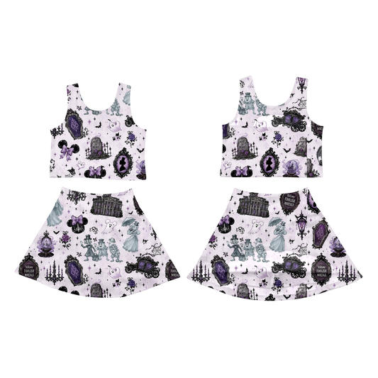 (Preorder new) No moq GSD4289 Yoga Baby Girls Purple Halloween Sleeveless Vest Short Skirt Two Piece Yoga Active Outfit Set