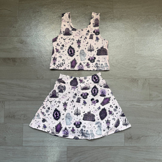 (Sample) No moq yoga fabric GSD4289 Yoga Baby Girls Purple Halloween Sleeveless Vest Short Skirt Two Piece Yoga Active Outfit Set