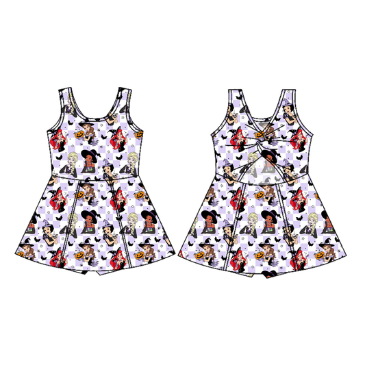 (Preorder new) No moq GSD4290 Yoga Baby Girls Purple Checked Halloween Sleeveless Knee Length Yoga Athletic Dress