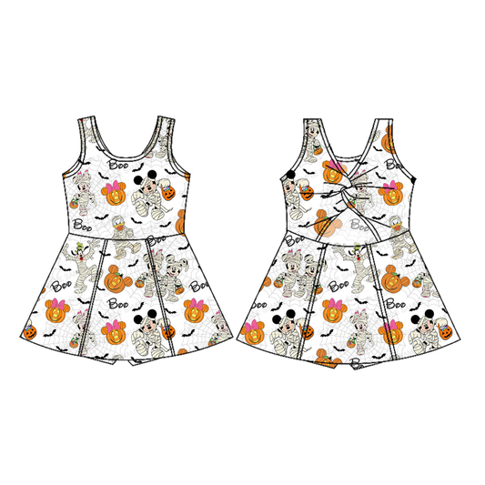 (Preorder new) No moq GSD4291 Yoga Baby Girls Pumpkin Halloween Print Sleeveless Knee Length Yoga Athletic Dress
