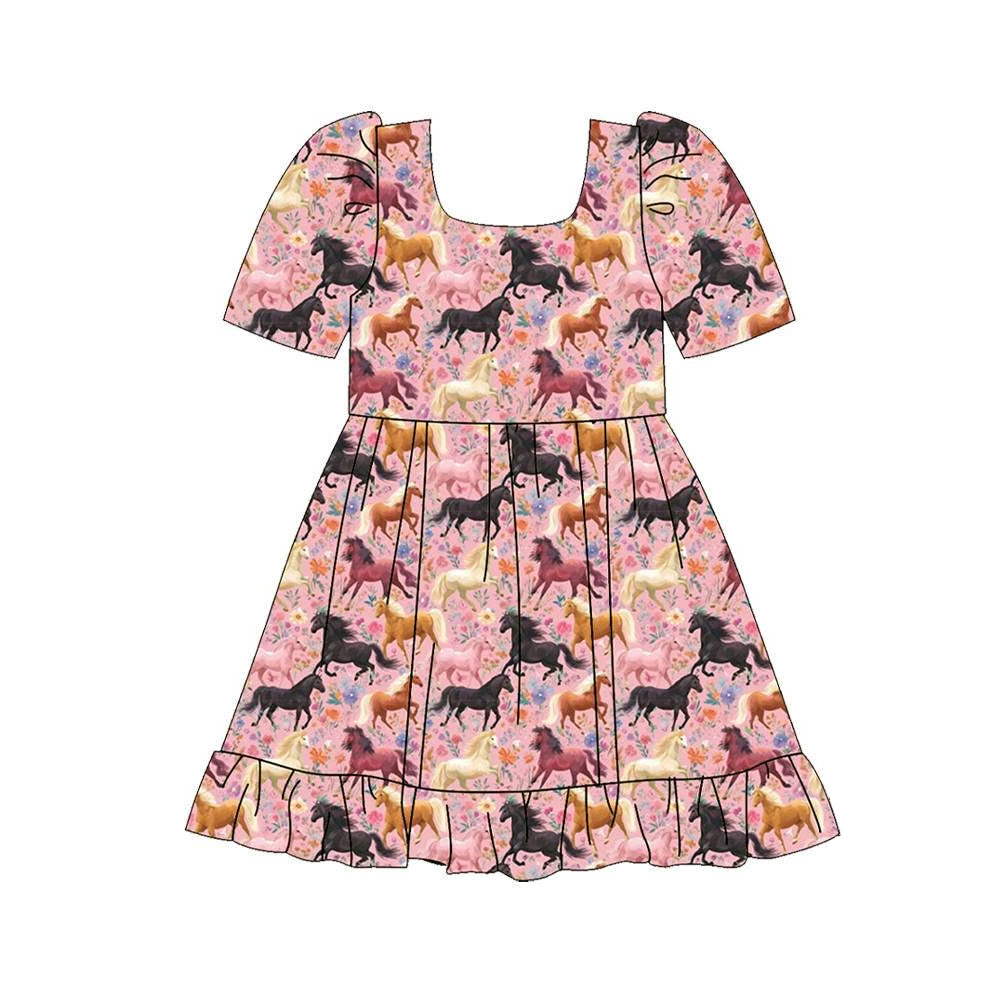 (Preorder new) No moq Baby Girls Western Horse Floral Print Square Neck Puff Short Sleeve Ruffle Hem Dress Rompers