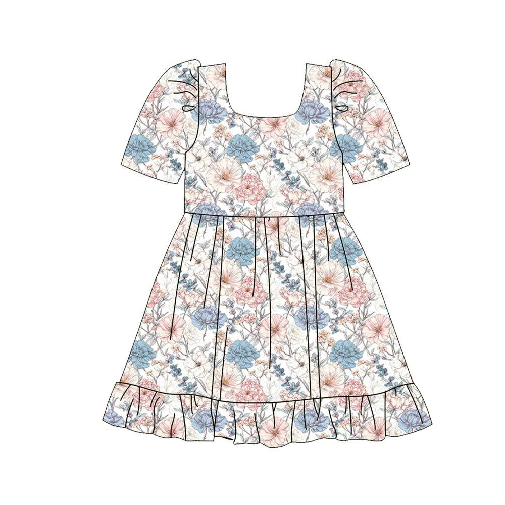 (Preorder new) No moq Baby Girls Western Horse Floral Print Square Neck Puff Short Sleeve Ruffle Hem Dress Rompers