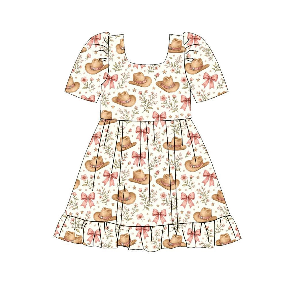 (Preorder new) No moq Baby Girls Western Horse Floral Print Square Neck Puff Short Sleeve Ruffle Hem Dress Rompers