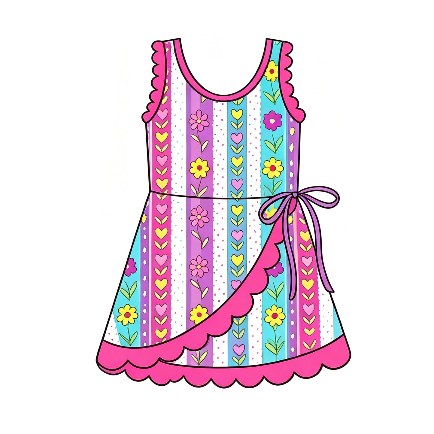 (Preorder new) No moq Baby Girls Pink Floral Sleeveless Dress Scalloped Trim Side Bow Summer Yoga Active Dress