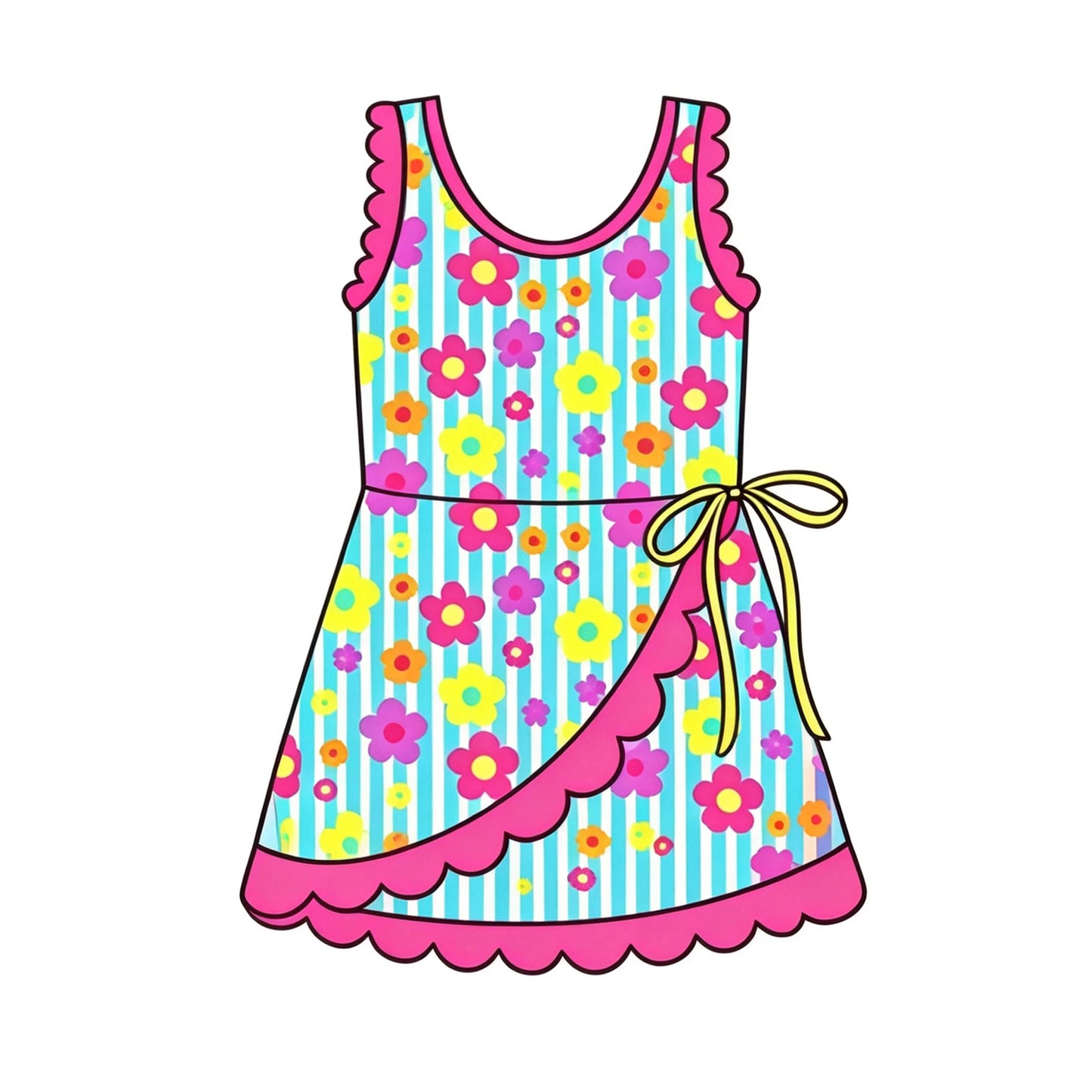 (Preorder new) No moq Baby Girls Pink Floral Sleeveless Dress Scalloped Trim Side Bow Summer Yoga Active Dress