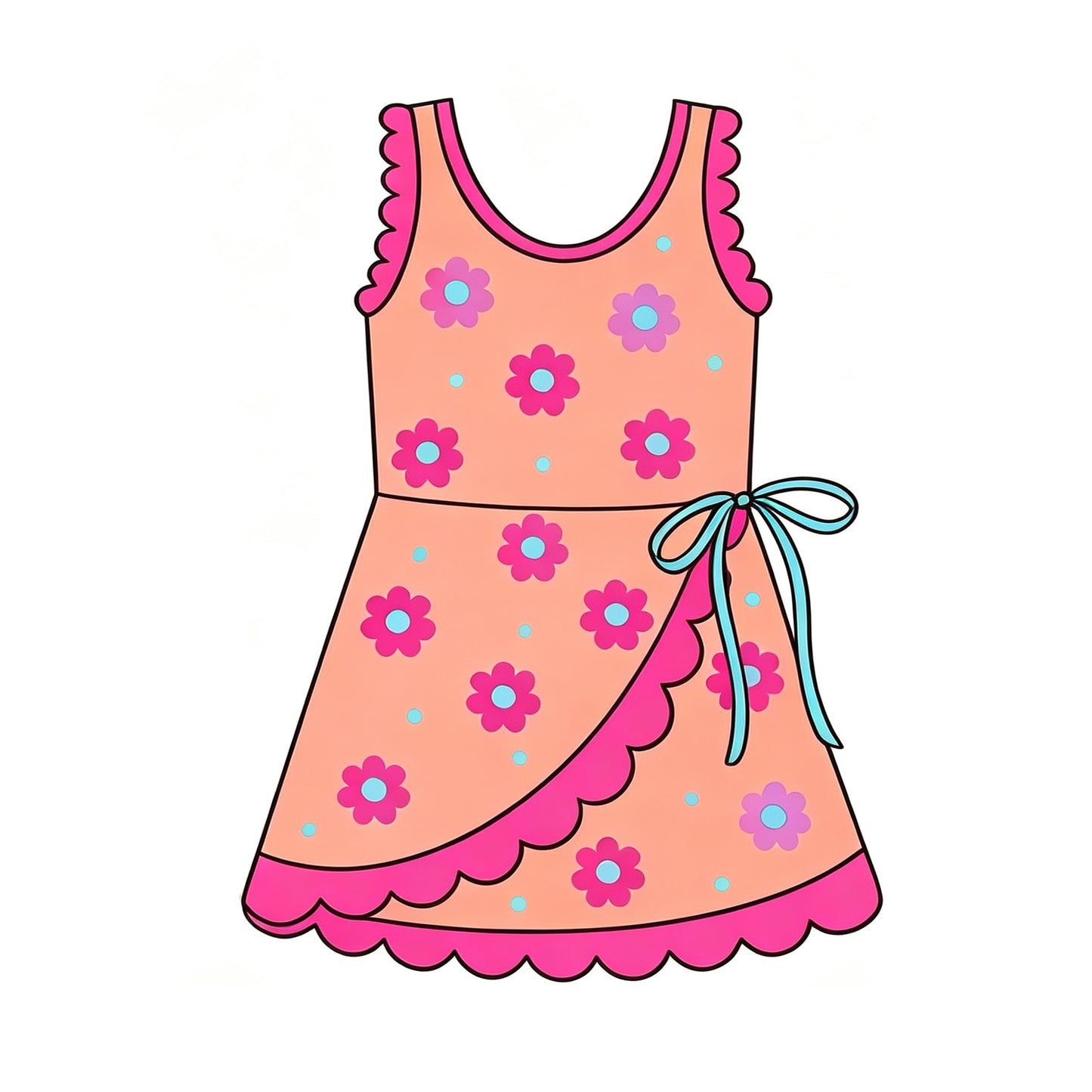 (Preorder new) No moq Baby Girls Pink Floral Sleeveless Dress Scalloped Trim Side Bow Summer Yoga Active Dress