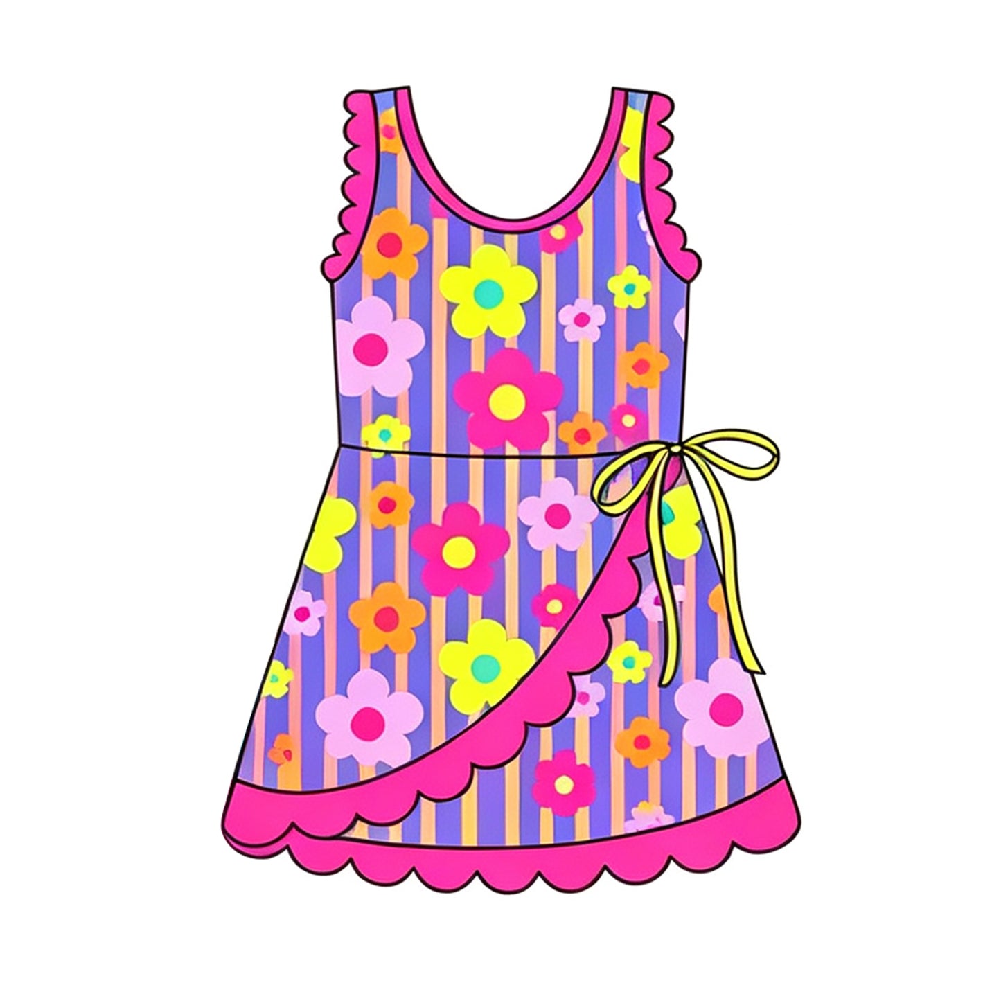 (Preorder new) No moq Baby Girls Pink Floral Sleeveless Dress Scalloped Trim Side Bow Summer Yoga Active Dress