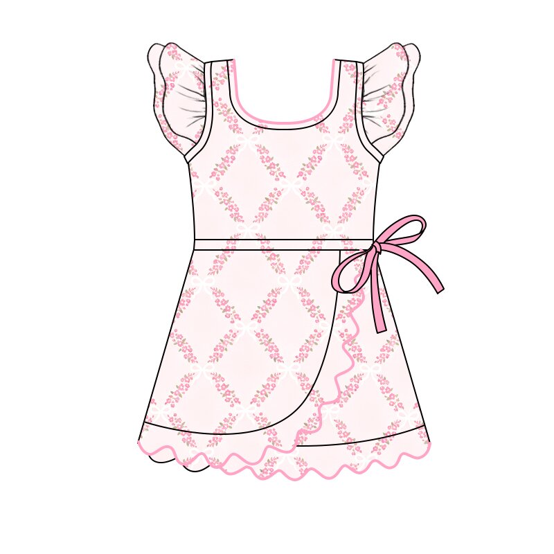 (Preorder new) No moq Baby Girls Pink Floral Sleeveless Dress Scalloped Trim Side Bow Summer Yoga Active Dress