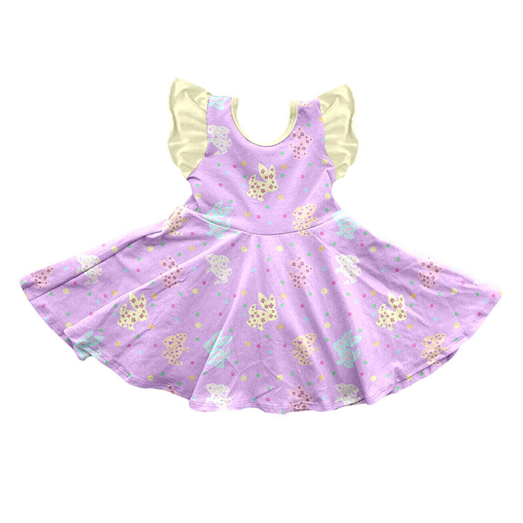(Preorder new) No moq Baby Girls Pink Easter Egg Bow Print Flutter Sleeve Twirl Swing Dress