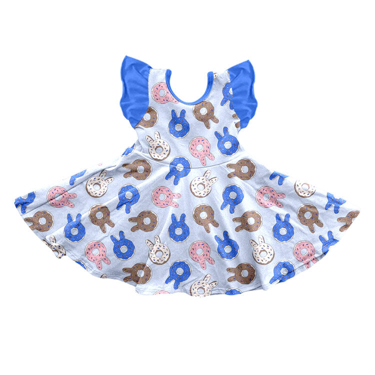 (Preorder new) No moq Baby Girls Pink Easter Egg Bow Print Flutter Sleeve Twirl Swing Dress