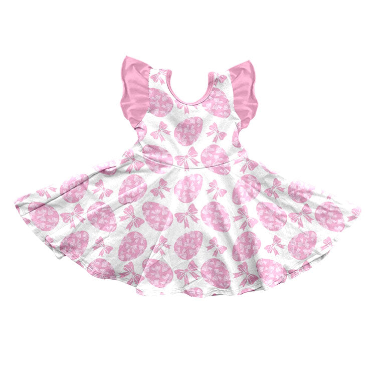 (Preorder new) No moq Baby Girls Pink Easter Egg Bow Print Flutter Sleeve Twirl Swing Dress