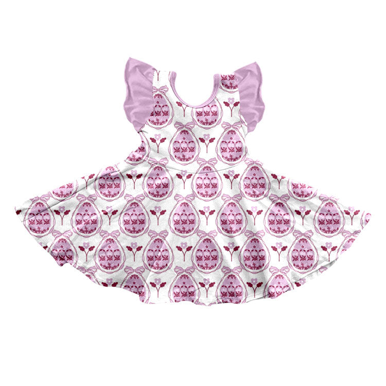 (Preorder new) No moq Baby Girls Pink Easter Egg Bow Print Flutter Sleeve Twirl Swing Dress