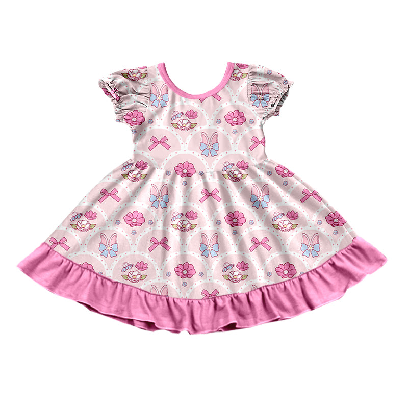 (Preorder new) No moq Baby Girls Pink Bunny Bow Flower Print Clothing Ruffle Hem Dress Button Down Pajama Set And Two Way Zip Romper Sleepwear Outfit Set