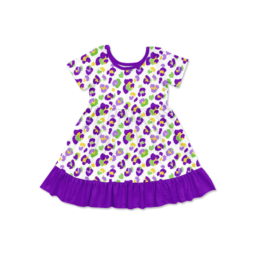 (Preorder new) No moq Baby Girls Leopard Print Ruffle Pajama Set Baby Two‑Way Zip Romper And Short Sleeve Ruffle Dress Purple Green Gold Festival Matching Sleepwear