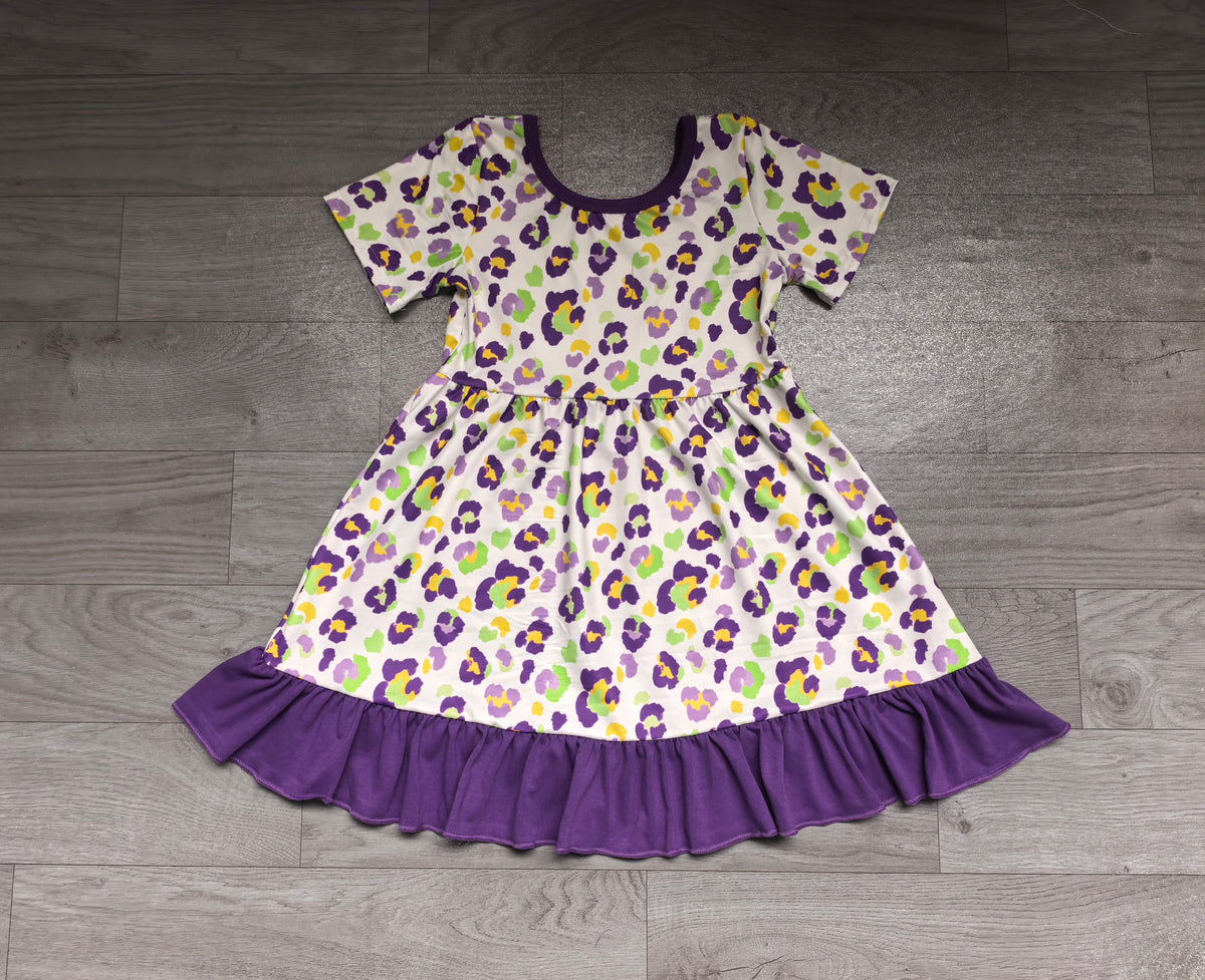 (Sample) No moq milk silk GSD4321 Baby Girls Holiday Leopard Short Sleeve Ruffle Knee Length Dress