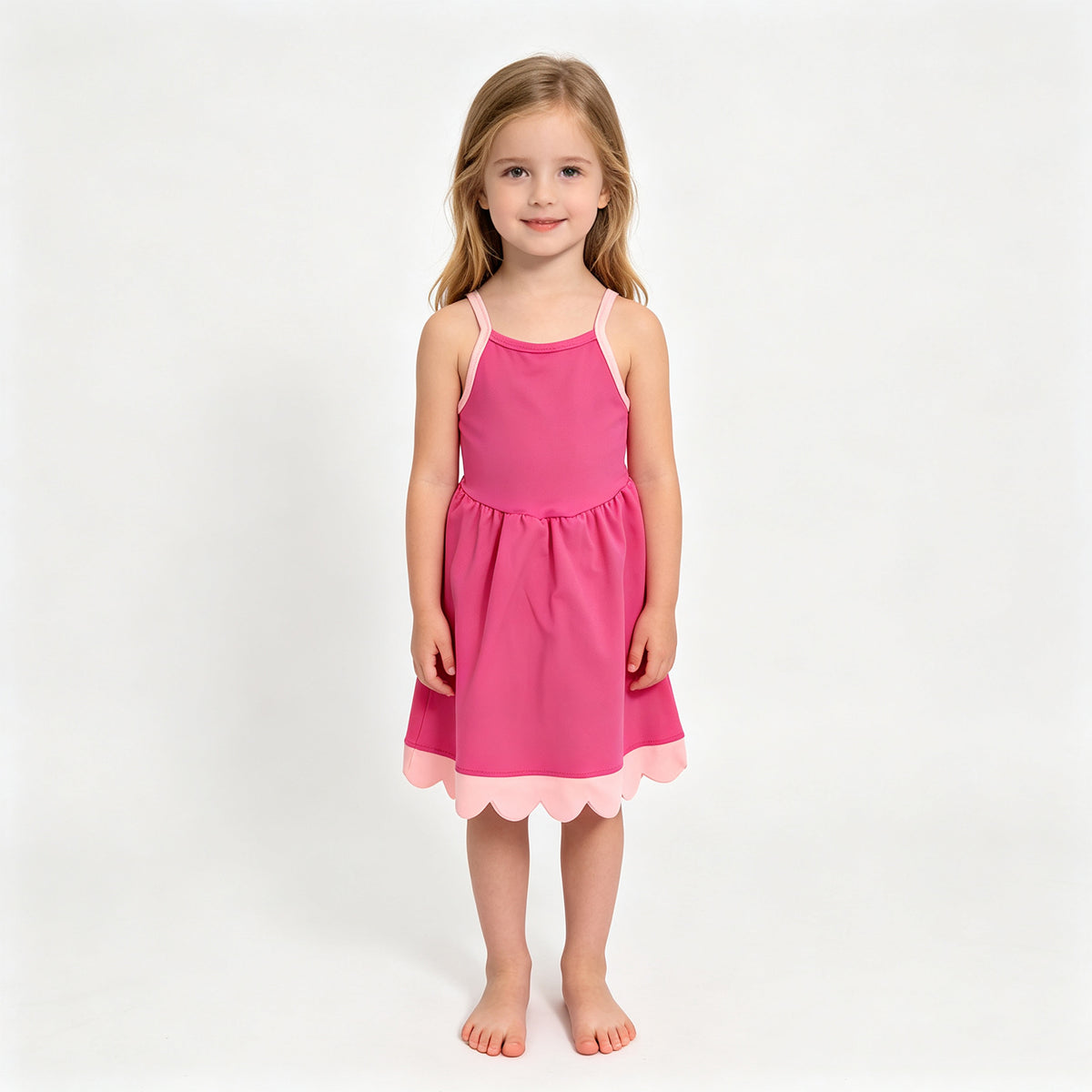 (Sample) No moq yoga fabric cotton GSD4322 Yoga Baby Girls Hot Pink Strap Yoga Active Scallop Knee Length Dress