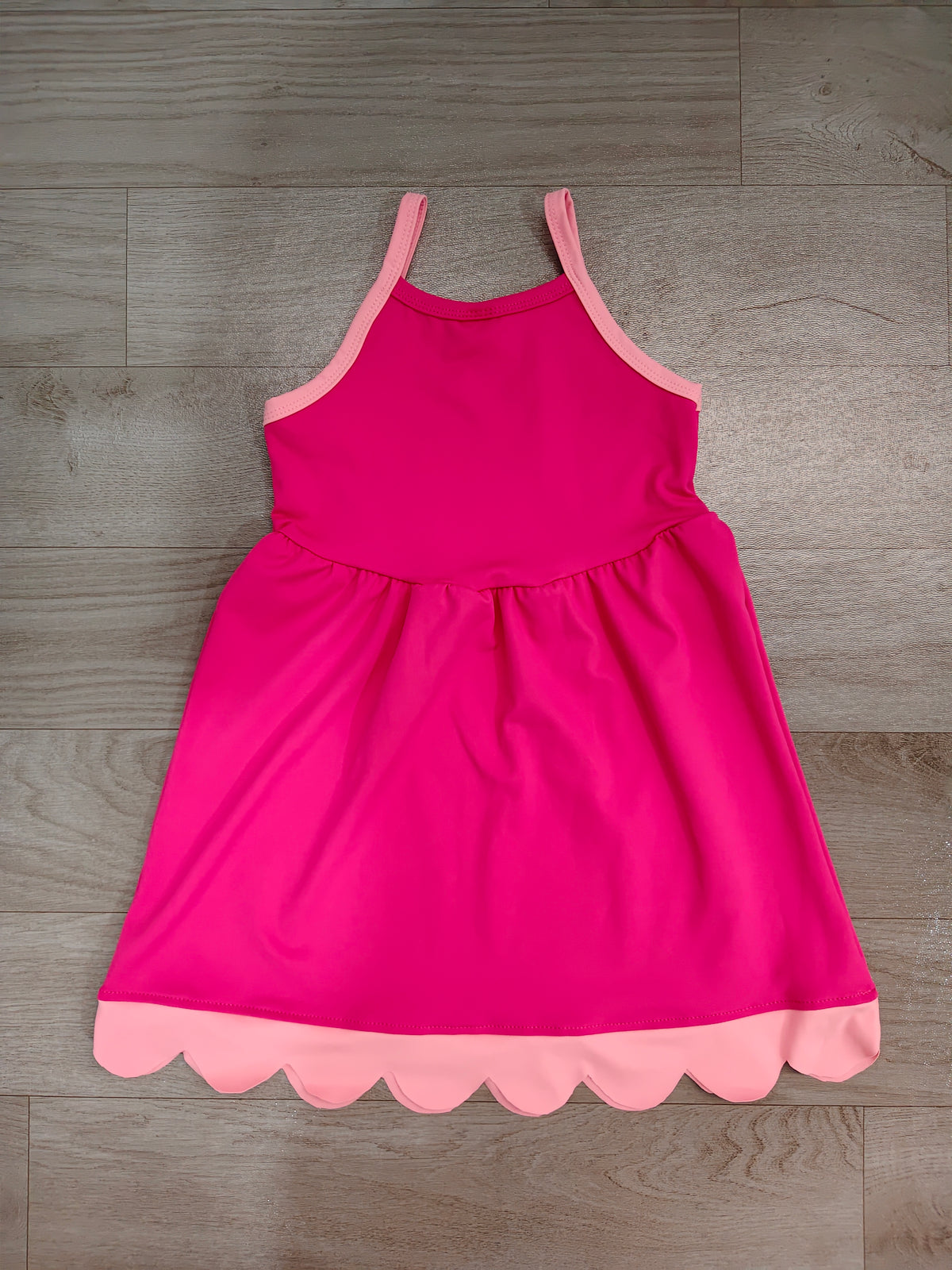 (Sample) No moq yoga fabric cotton GSD4322 Yoga Baby Girls Hot Pink Strap Yoga Active Scallop Knee Length Dress