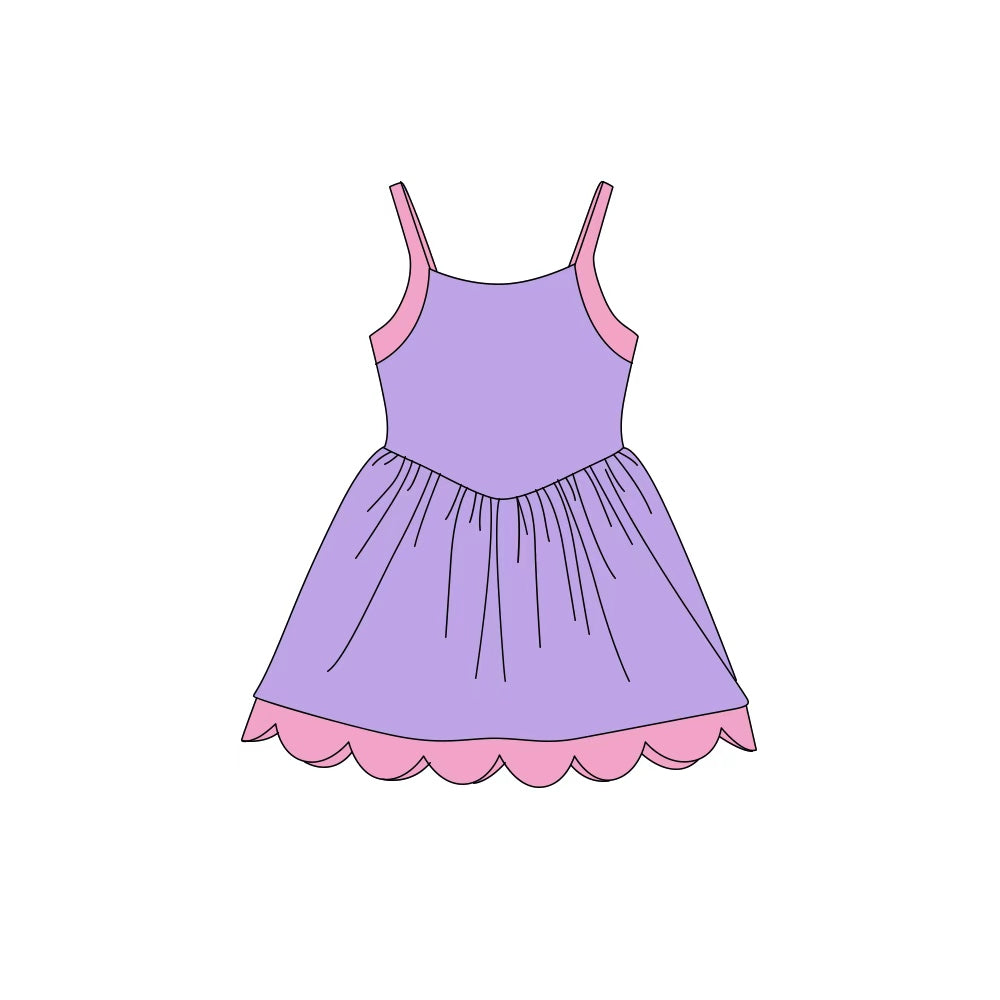 (Preorder new) No moq Yoga Toddler Girls Solid Strap Yoga Active Scallop Knee Length Dress