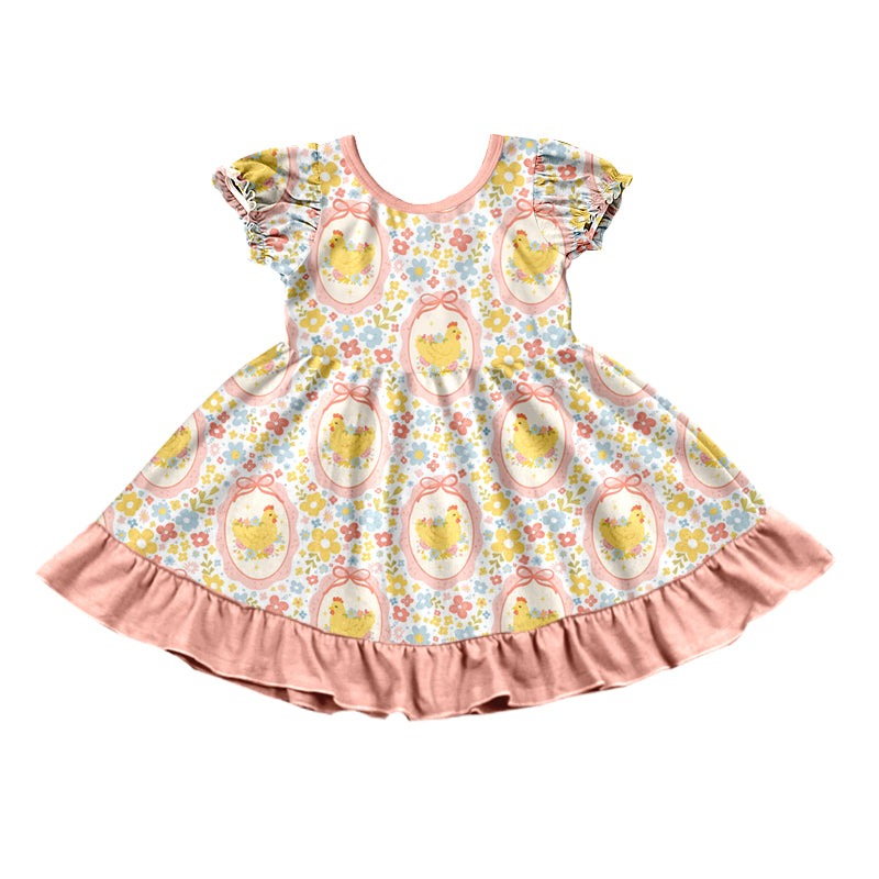 (Preorder new) No moq Girls Easter Chick Floral Print Ruffle Outfit Set Toddler Long Sleeve Top Shorts And Flutter Sleeve Dress