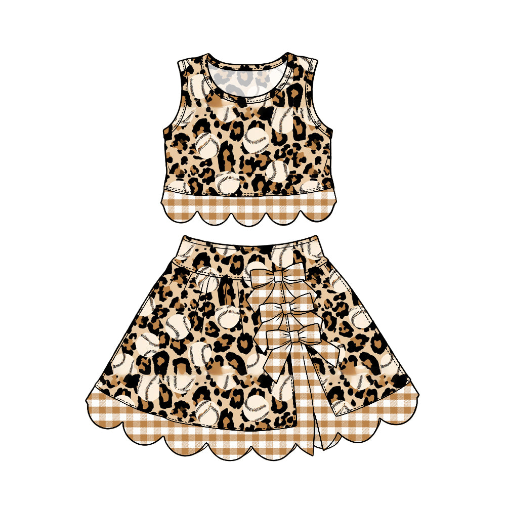 (Preorder new) No moq Baby Girls Sleeveless Popcorn Leopard Print Scalloped Hem Two Piece Skirt Set And Dress