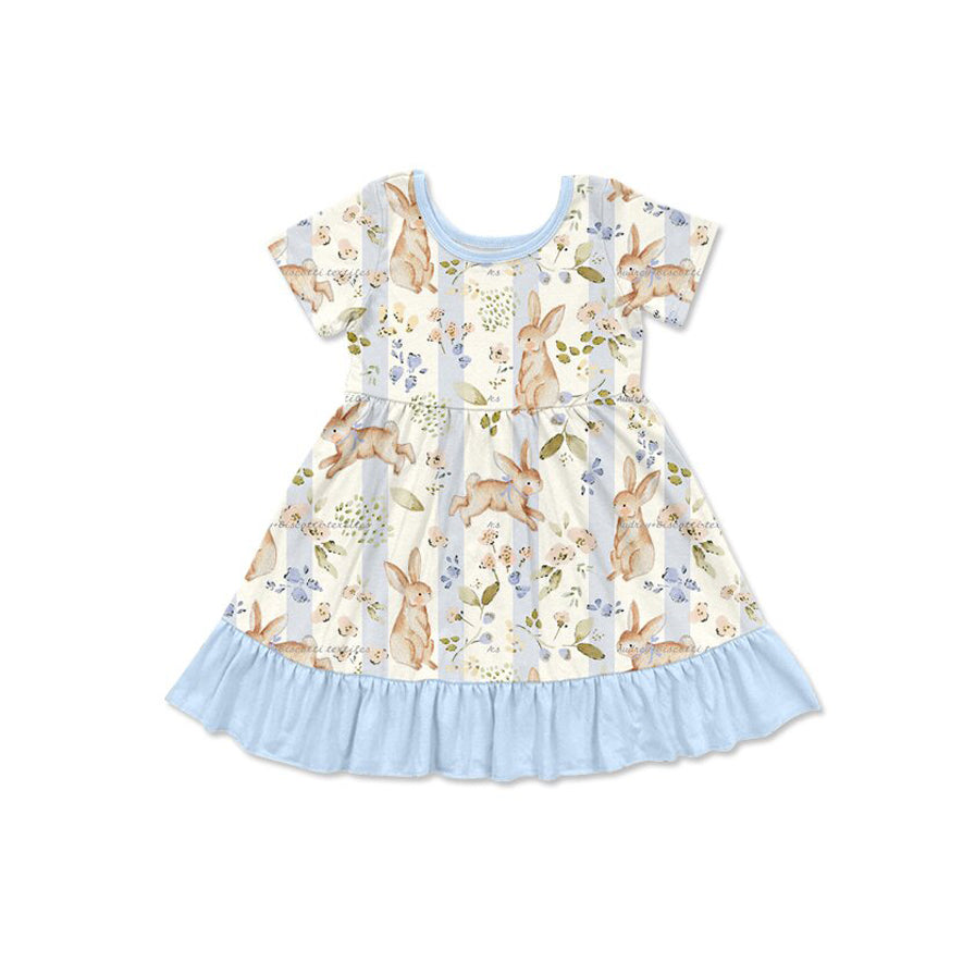 (Preorder new) No moq Baby Girls Easter Bunny Floral Print Tee And Bunny Floral Bell Bottom Pant Set Zipper Romper Ruffle Dress Outfit