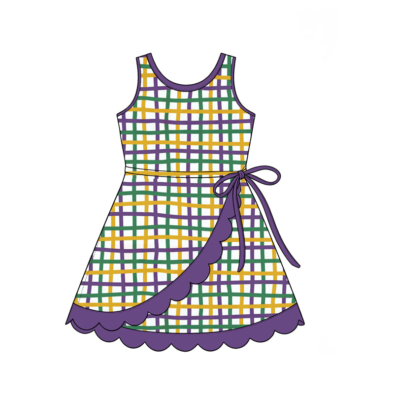 (Preorder new) No moq GSD4333 Baby Girls Checked Bows Scallop Hem Yoga Active Knee Length Dress