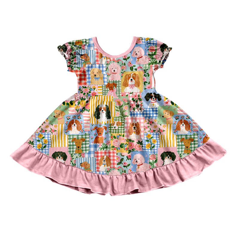 (Preorder new) No moq GSD4335 Baby Girls Floral Dog Print Flutter Sleeve Ruffle Trim Knee Length Dress