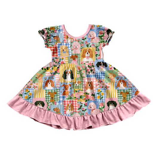 (Preorder new) No moq GSD4335 Baby Girls Floral Dog Print Flutter Sleeve Ruffle Trim Knee Length Dress