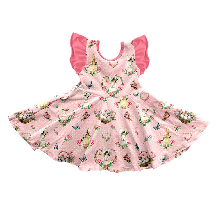 (Preorder new) No moq Baby Girls Pink Easter Bunny Floral Print Long Sleeve Short Set Pajama Set Ruffle Dress And Zipper Romper
