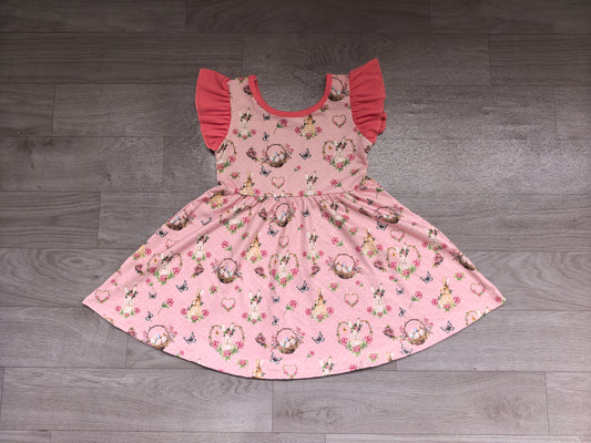 (Sample) No moq milk silk GSD4336 Baby Girls Pink Easter Bunny Butterfly Egg Nest Flutter Sleeve Twirl Dress