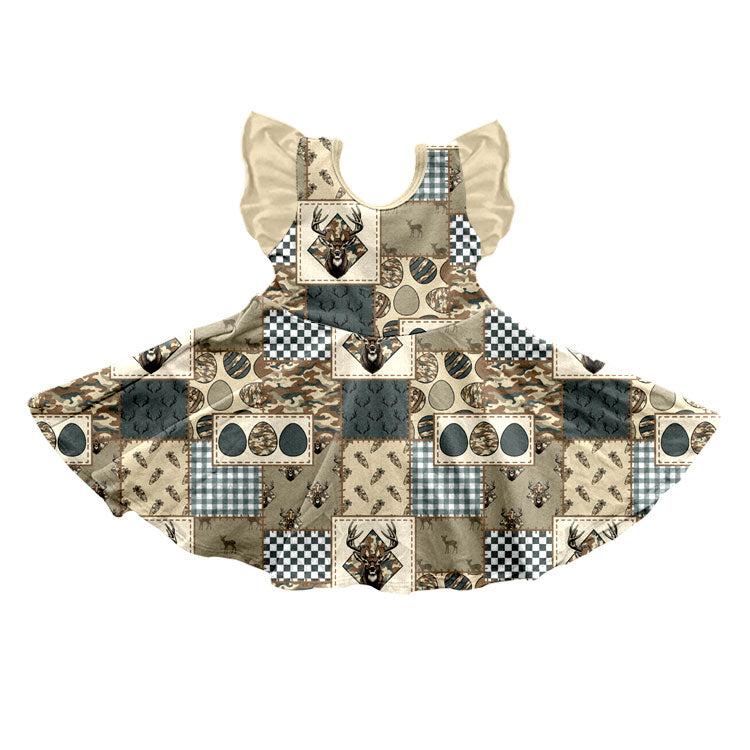 (Preorder new) No moq Baby Girls Easter Deer Patchwork Camo Dress Romper And Pant Sets Matching Clothing