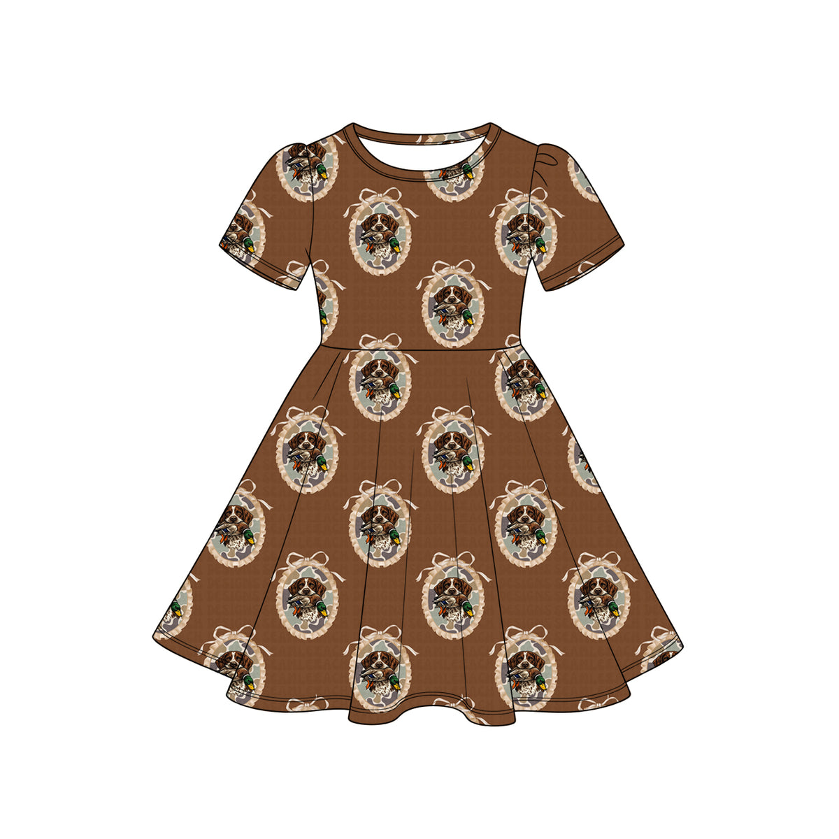 (Preorder new) No moq Baby Girls Green Puff Sleeve Dog Duck Graphic Top Brown Print Flare Pant Set Twirl Dress