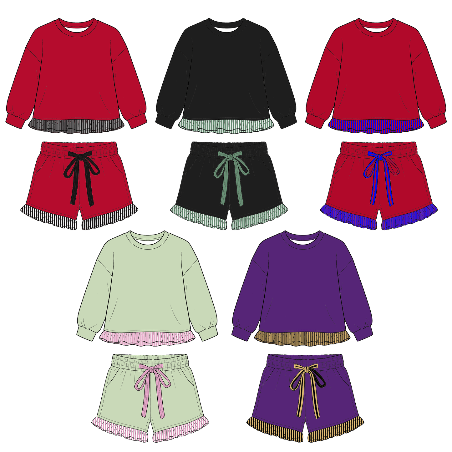 moq 3 GSLS01 Baby Girls Long Sleeve Crewneck Sweatshirt Stripe Ruffle Hem Matching Shorts With Drawstring Pockets Outfit Set