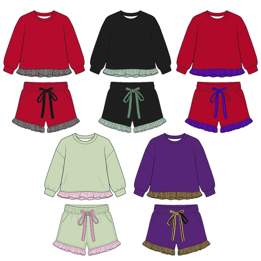 moq 3 GSLS01 Baby Girls Long Sleeve Crewneck Sweatshirt Stripe Ruffle Hem Matching Shorts With Drawstring Pockets Outfit Set