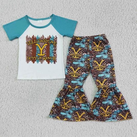 rts no moq GSPO0064 Girls' green YELLOWSTONE short-sleeved shorts set