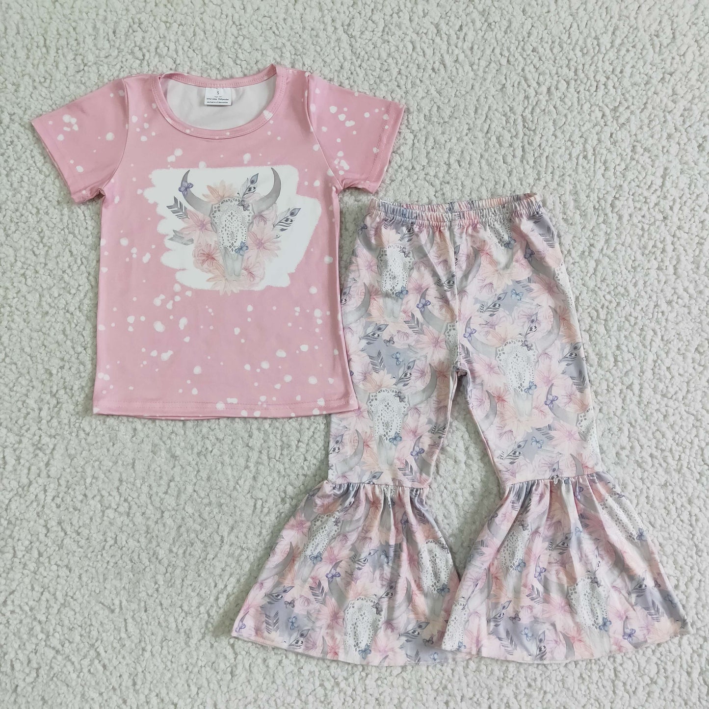 GSPO0072 Girls' pink bull head flower short-sleeved trousers suit