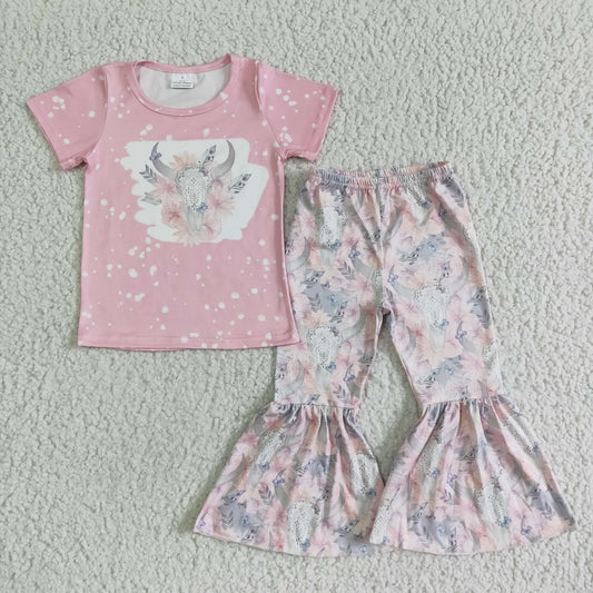 GSPO0072 Girls' pink bull head flower short-sleeved trousers suit