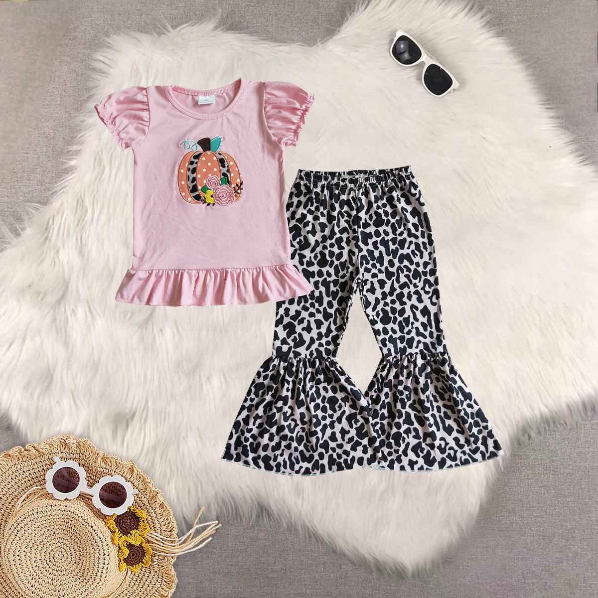 RTS NO MOQ Sibling Baby Girls embroidery pumpkin short Sleeve Pants Set
