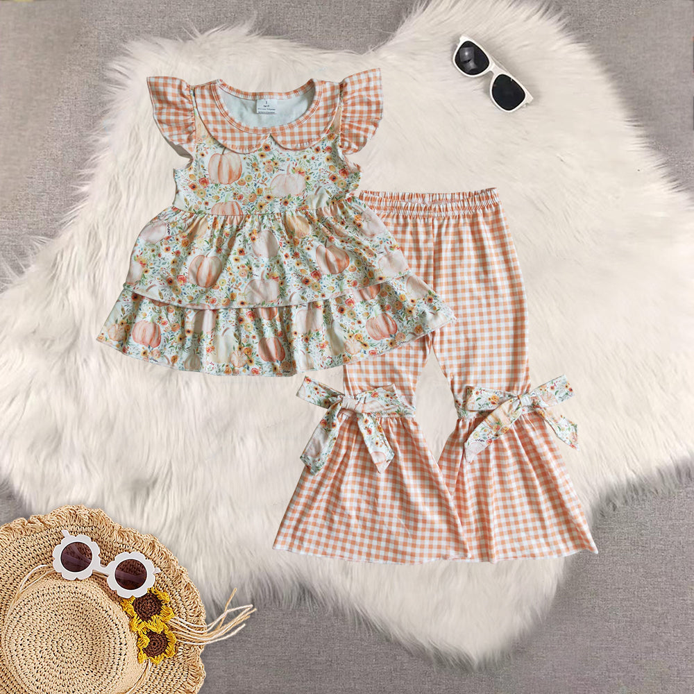 RTS Sibling baby girl clothes halloween pumpkin short Sleeve pants sets