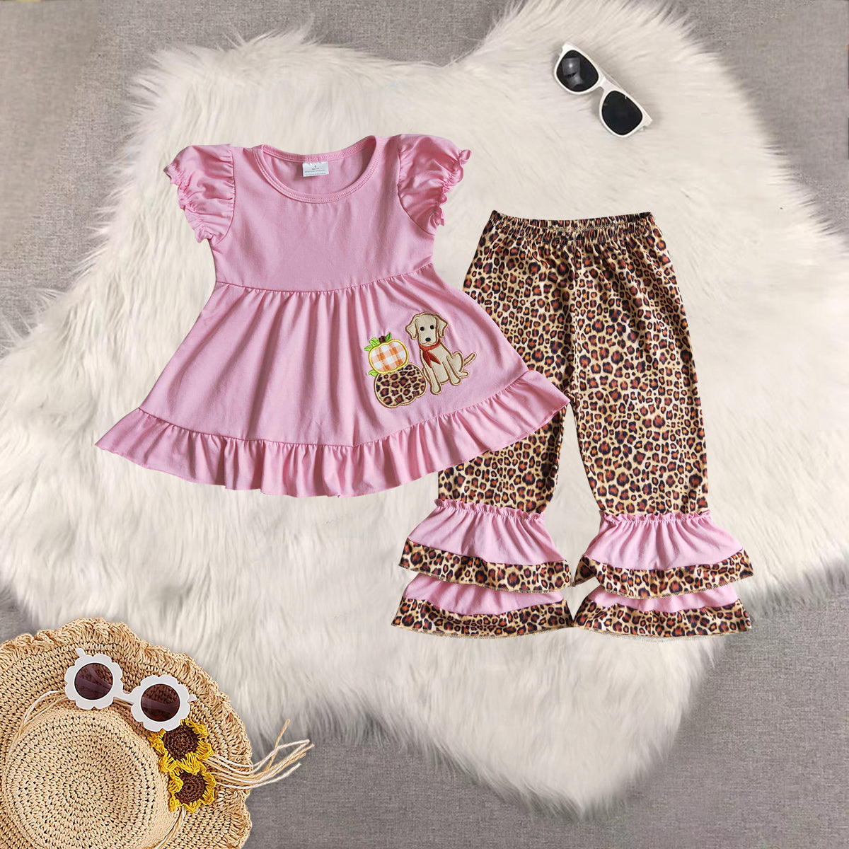 RTS NO MOQ Sibling baby girls clothes embroidery pumpkin short-sleeved trousers suit & romper