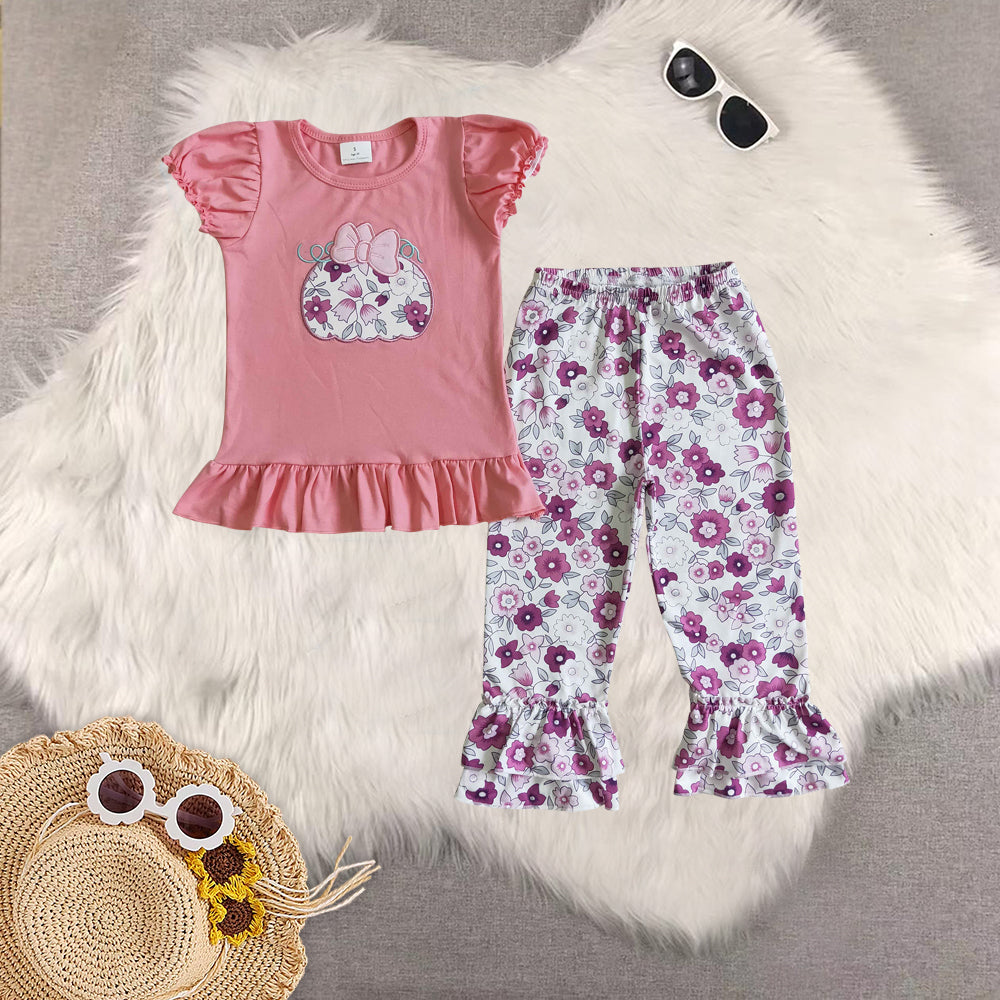 RTS NO MOQ Sibling Baby boys clothes embroidery pumpkin short-sleeved trousers suit & romper